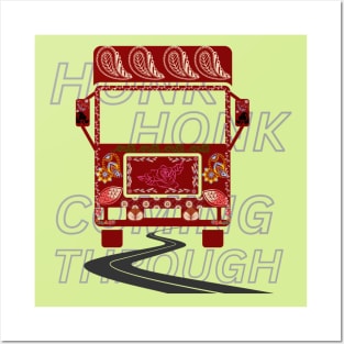 Red truck Art abstract motif design illustration saying honk honk coming through Posters and Art